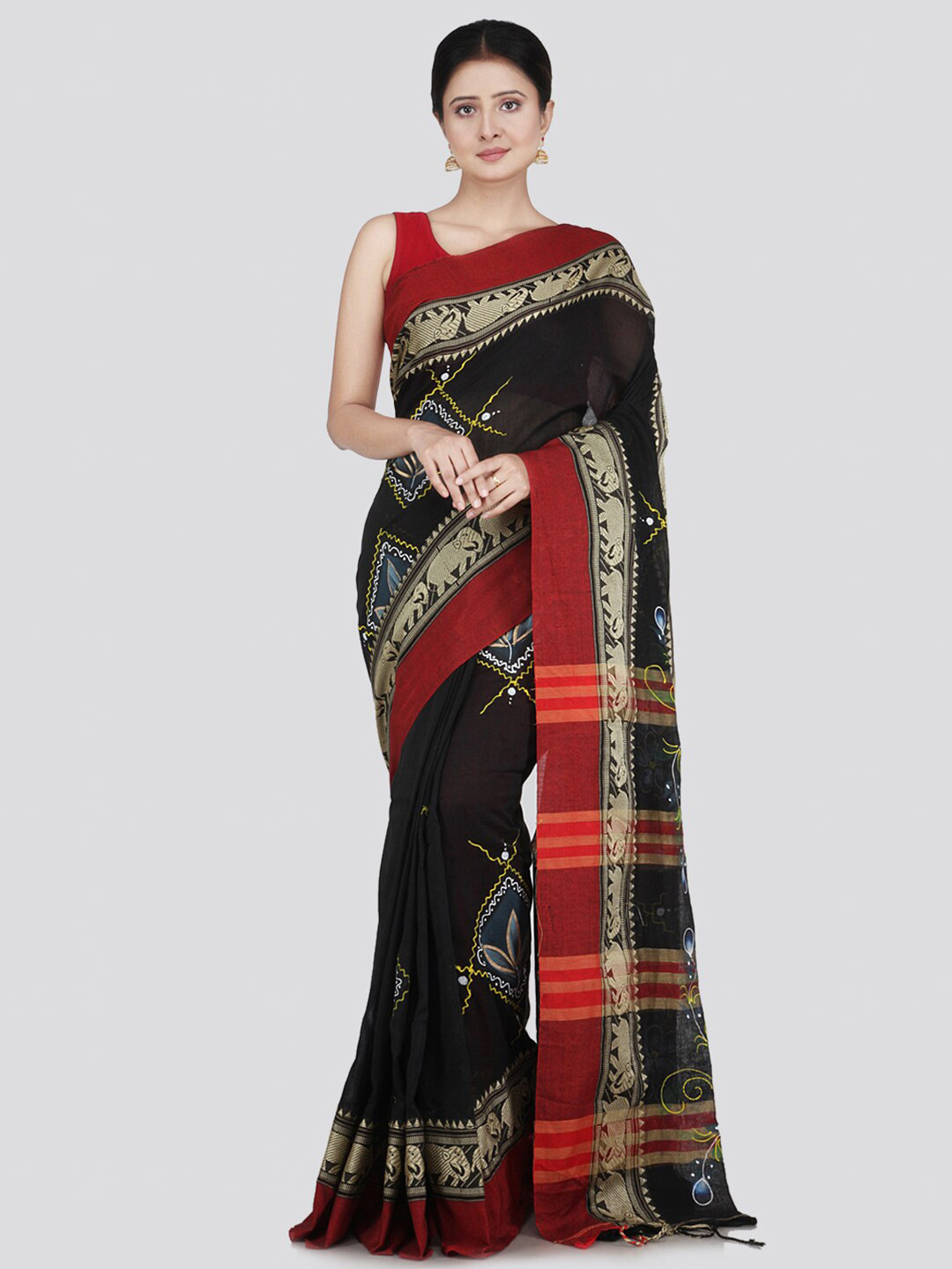 

PinkLoom Black & Silver-Toned Woven Design Pure Cotton Saree