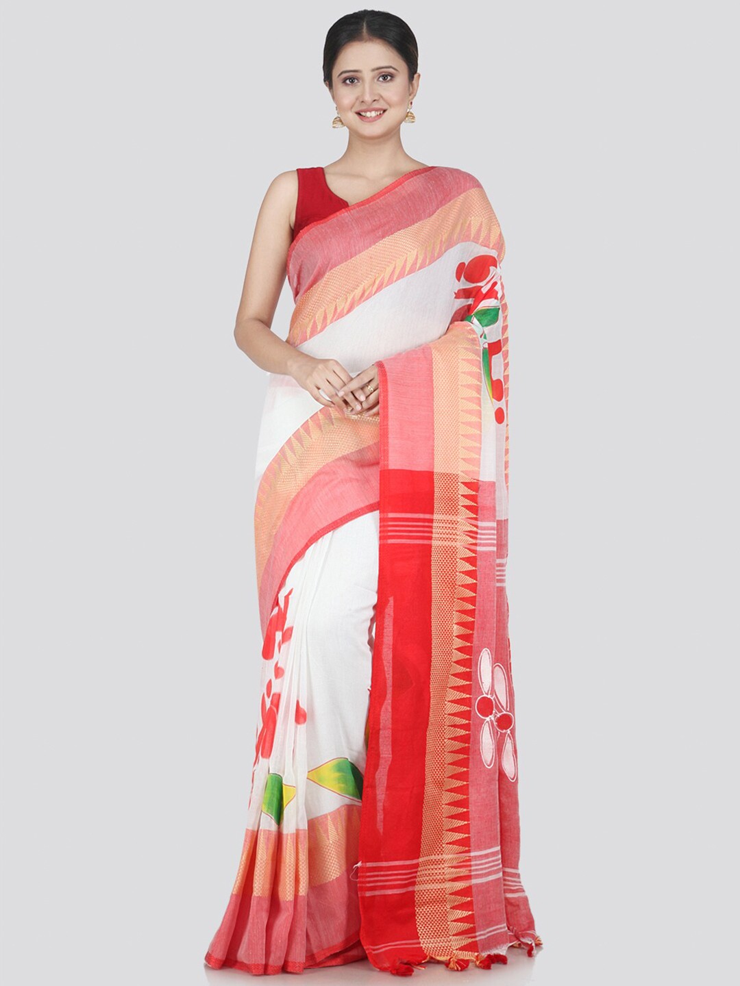 

PinkLoom White & Red Floral Pure Cotton Saree
