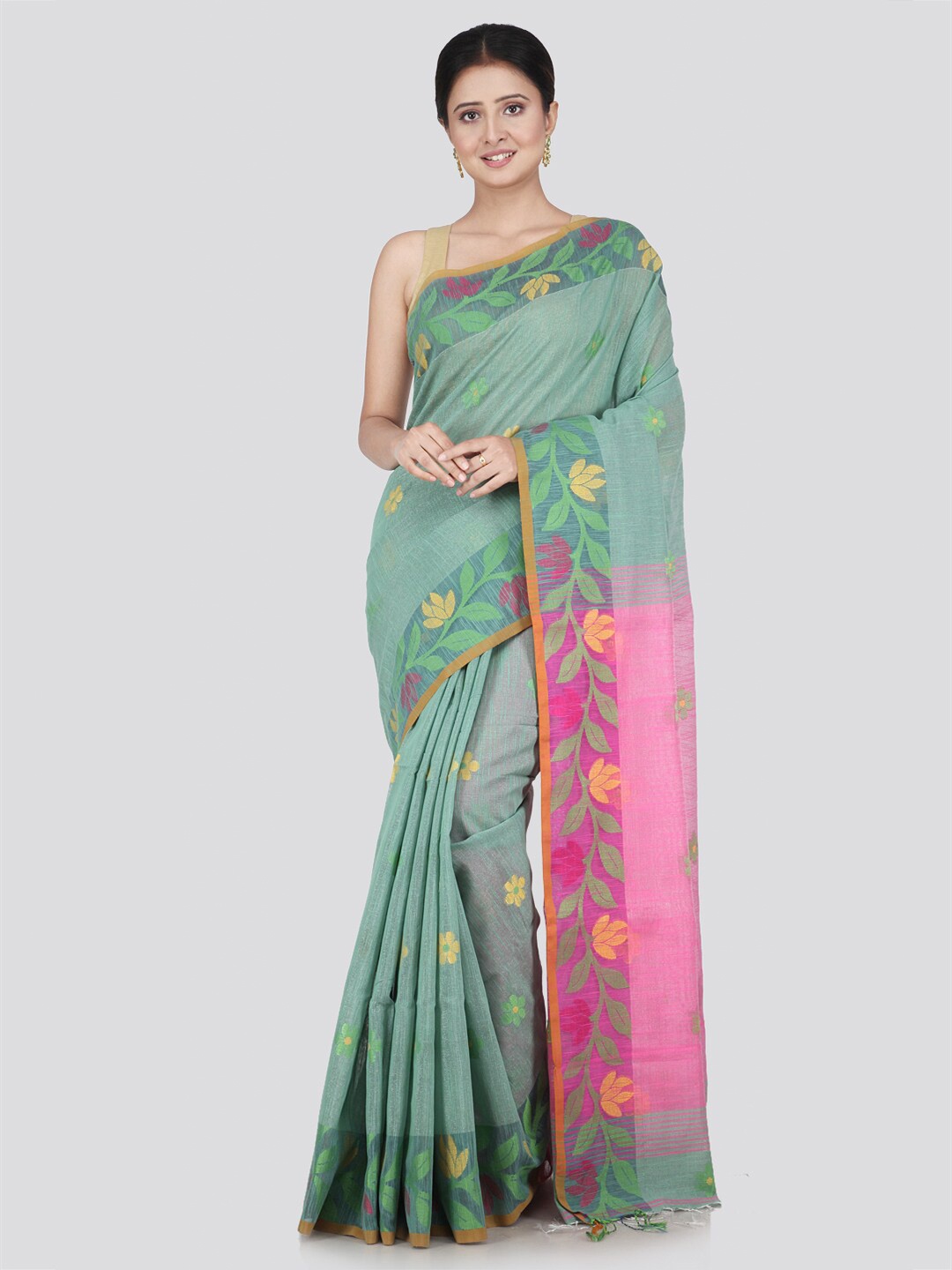 

PinkLoom Green & Pink Floral Woven Design Saree