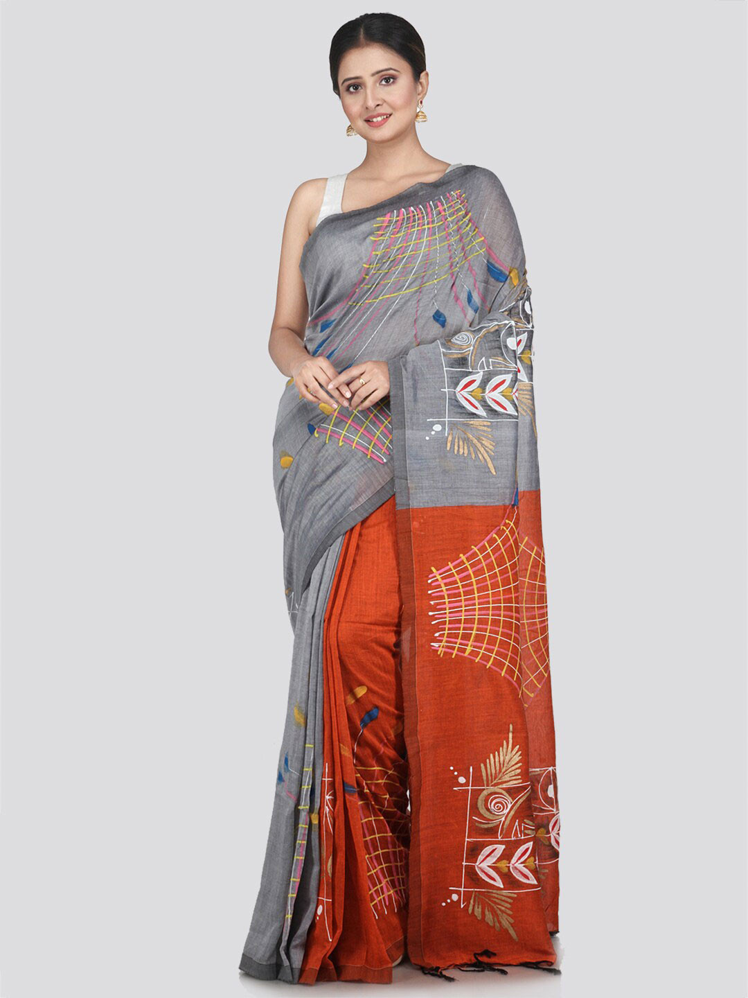 

PinkLoom Grey & Red Floral Pure Cotton Saree