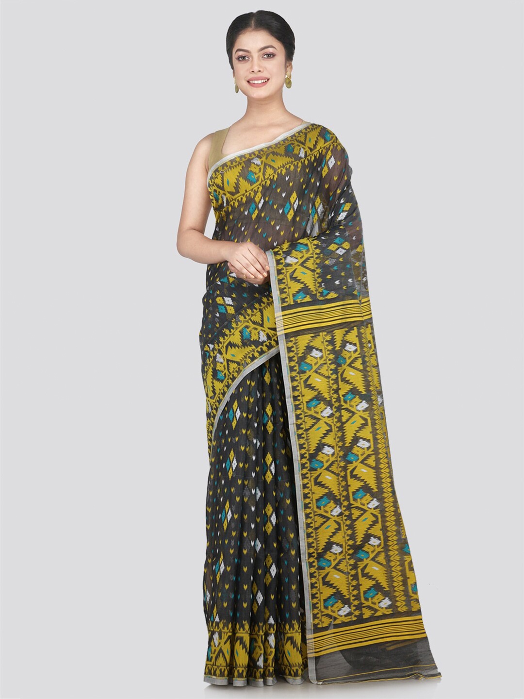

PinkLoom Grey & Yellow Woven Design Pure Cotton Jamdani Saree