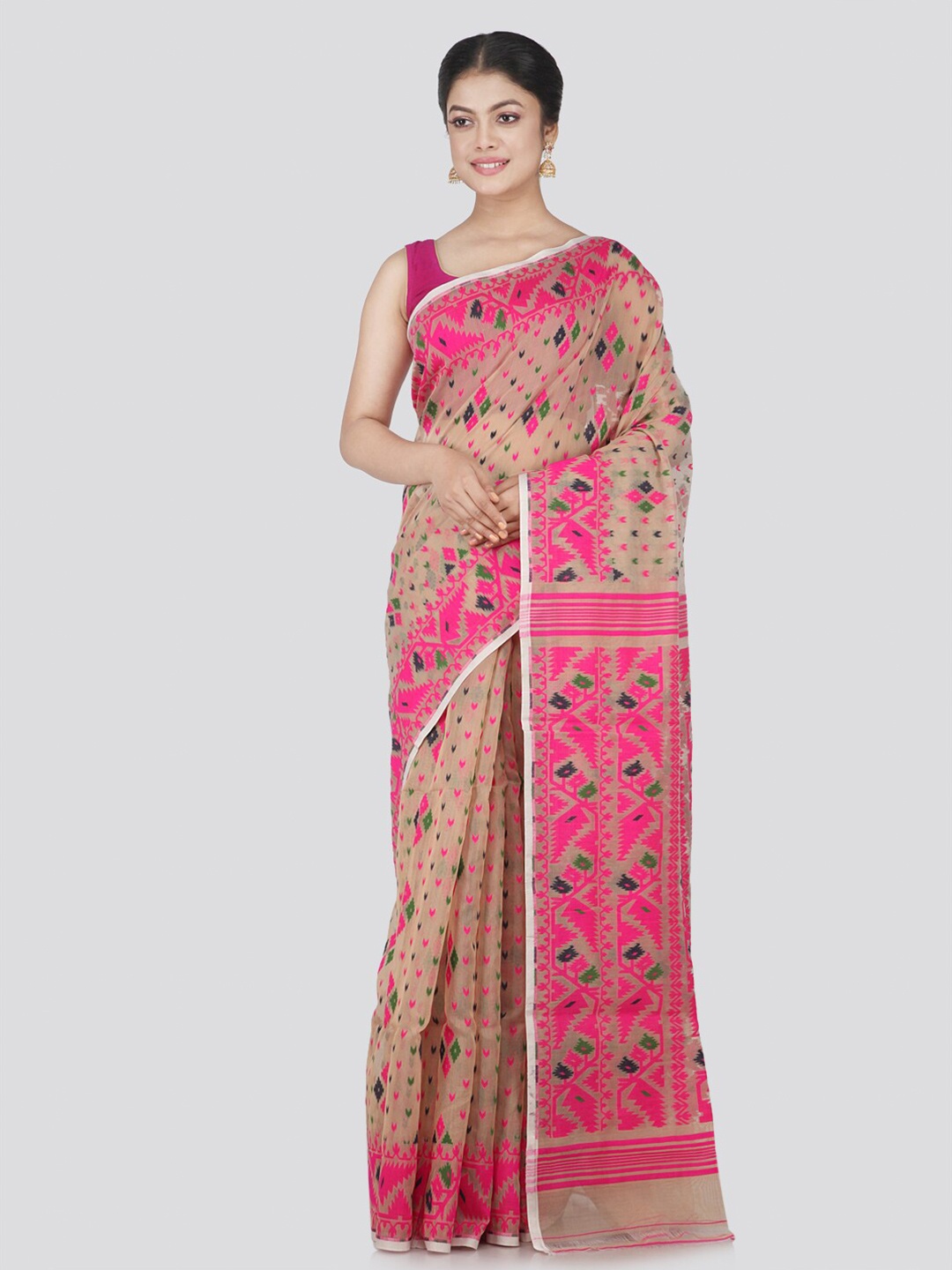 

PinkLoom Beige & Pink Woven Design Pure Cotton Jamdani Saree