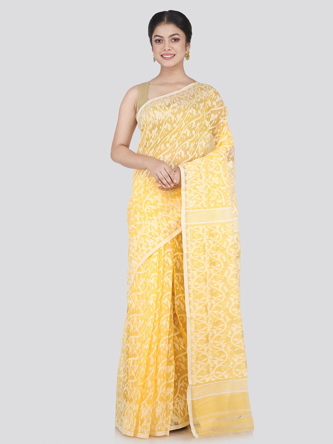 

PinkLoom Yellow & White Woven Design Pure Cotton Jamdani Saree