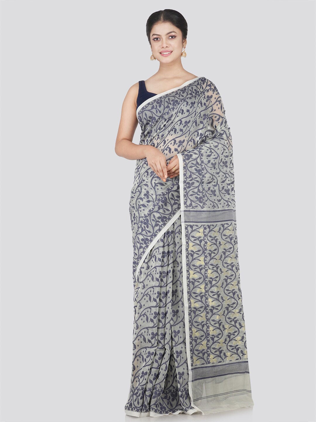 

PinkLoom Grey & White Ethnic Motifs Pure Cotton Jamdani Saree
