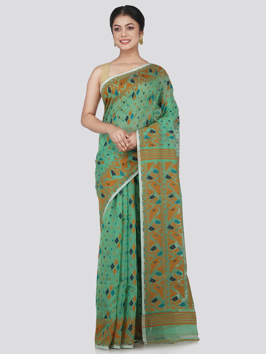 

PinkLoom Green & Lavender Woven Design Pure Cotton Jamdani Saree