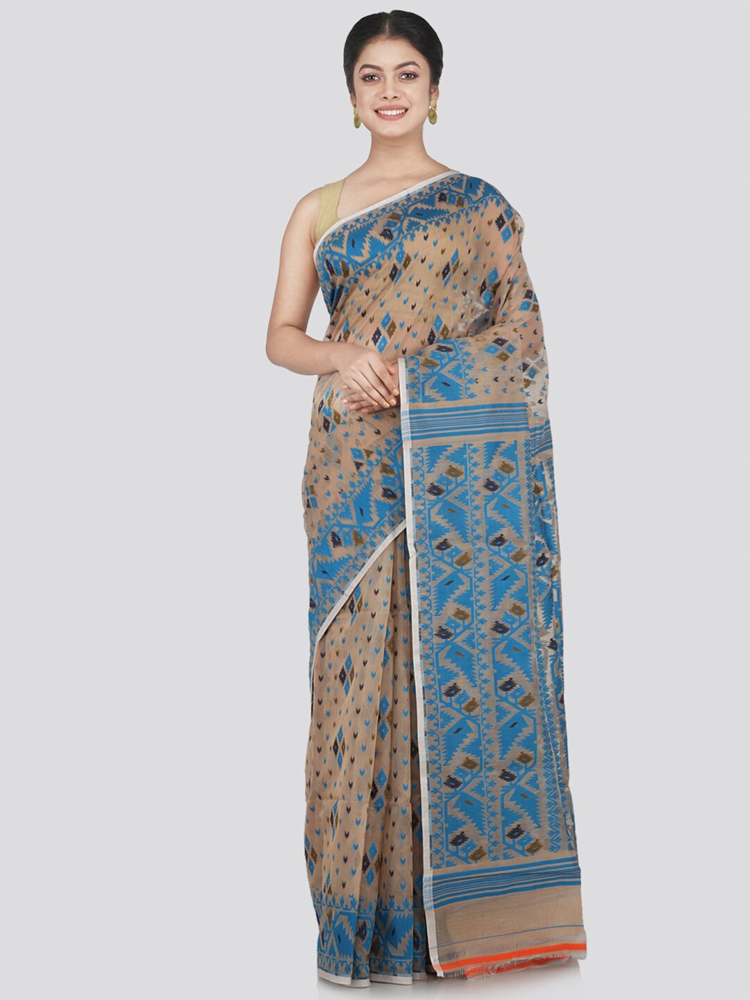 

PinkLoom Beige & Blue Woven Design Pure Cotton Jamdani Saree