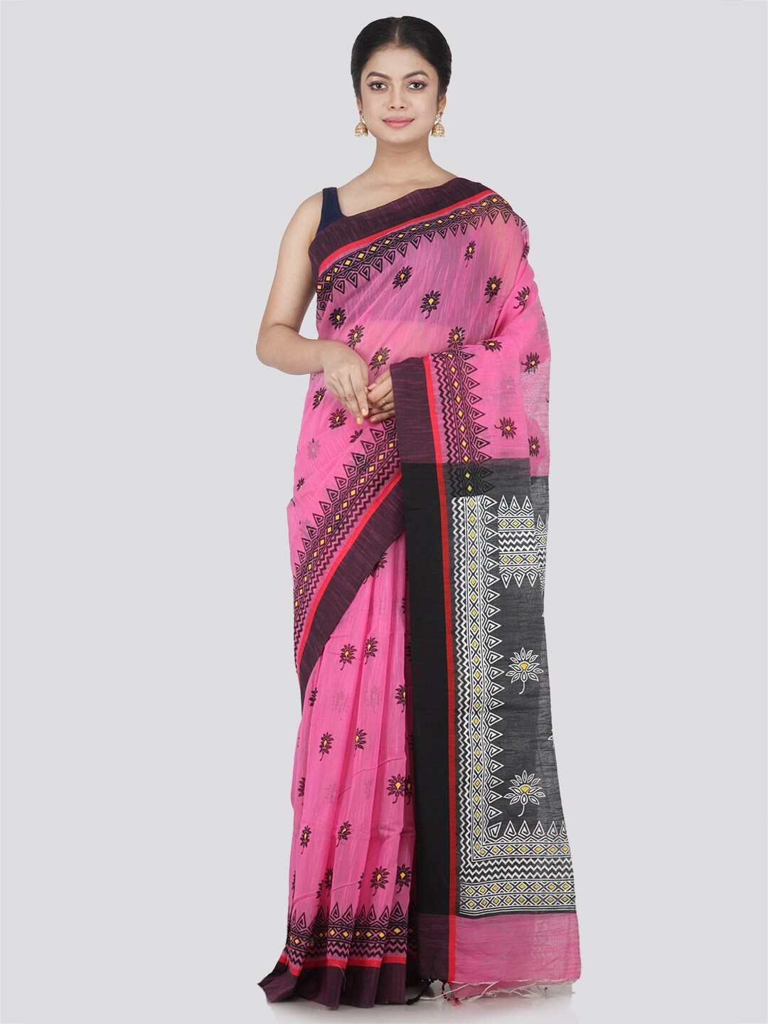 

PinkLoom Women Pink & Black Floral Pure Cotton Saree