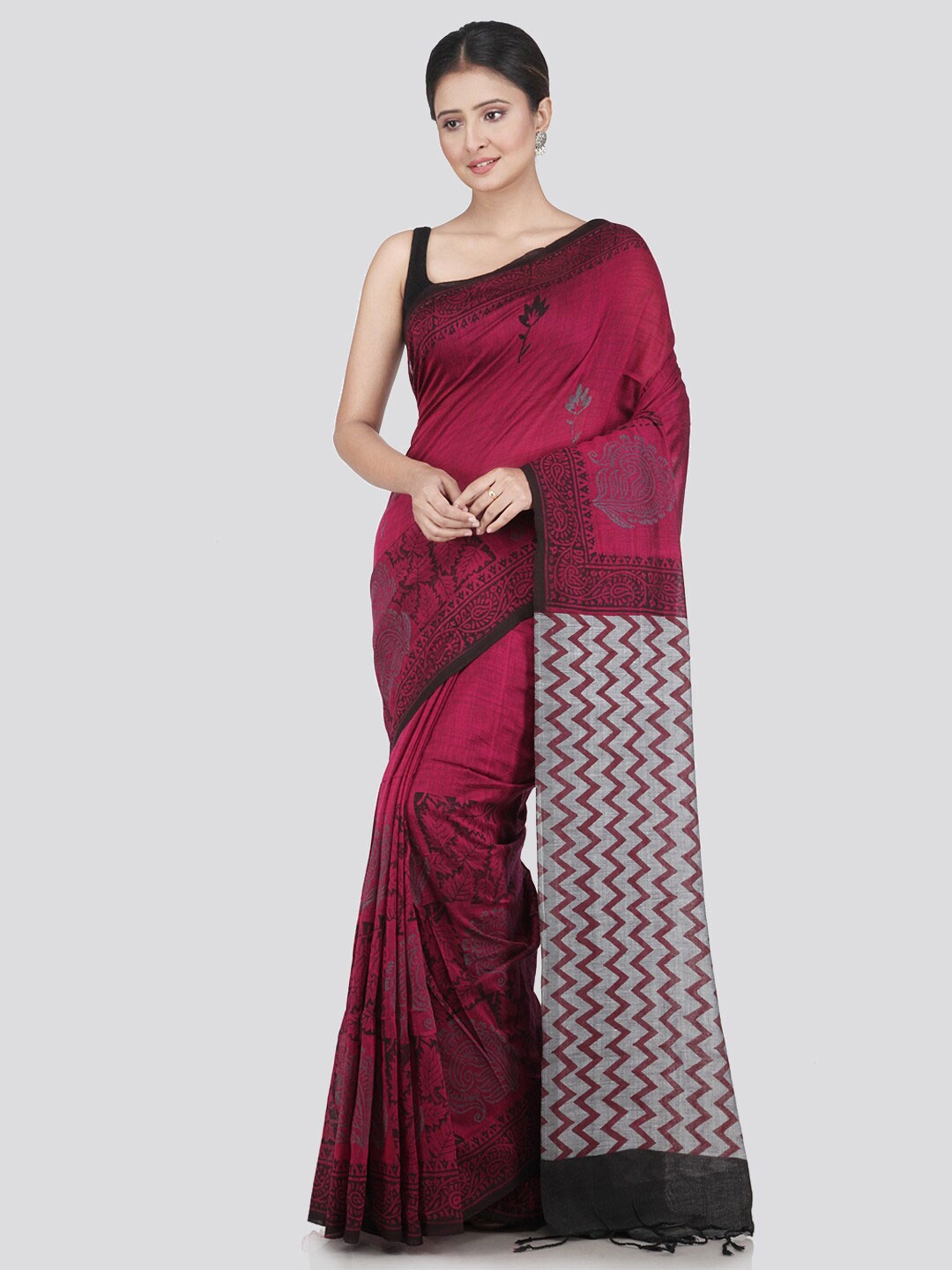 

PinkLoom Maroon & Grey Ethnic Motifs Pure Cotton Saree