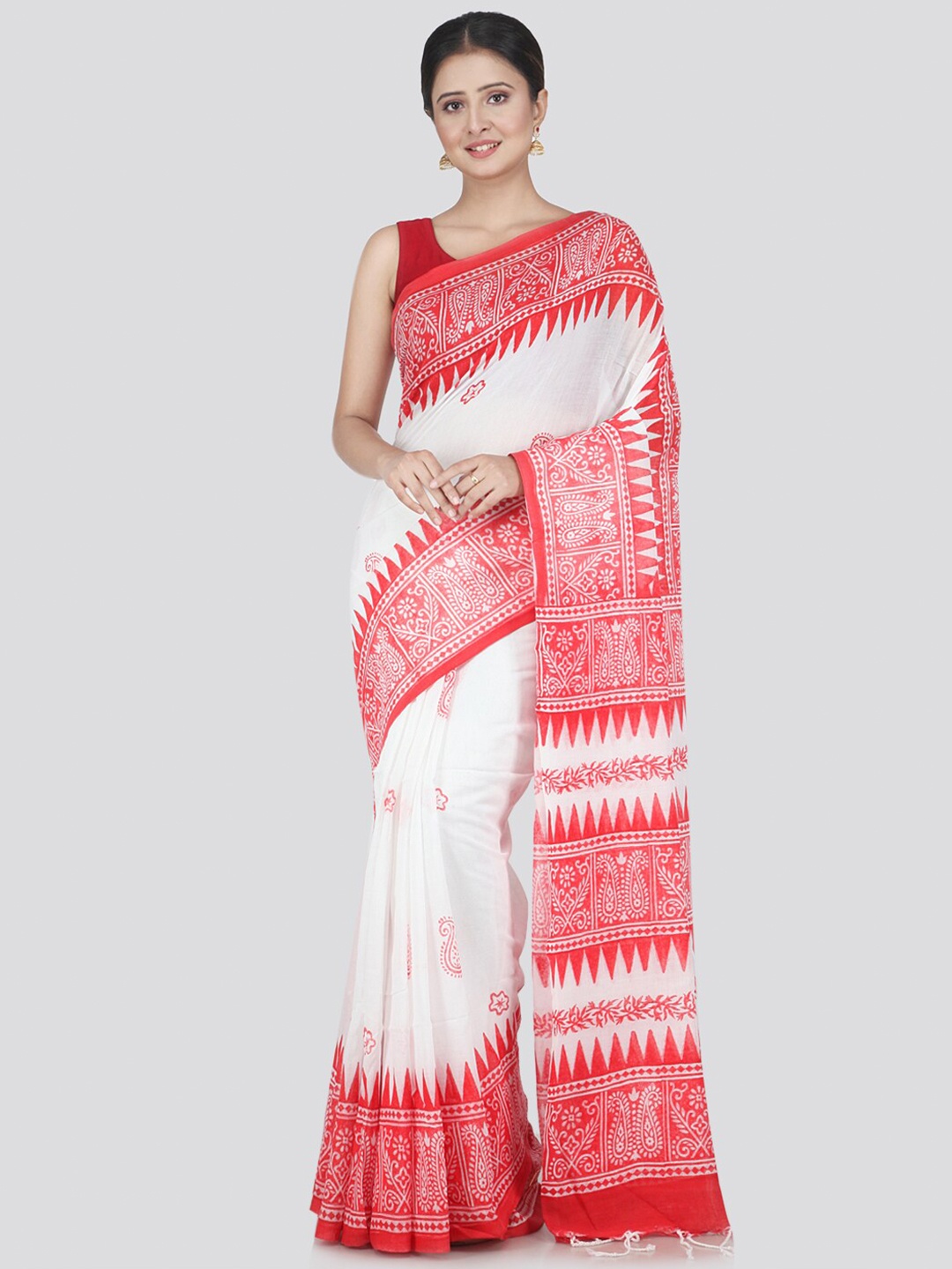 

PinkLoom White & Red Floral Pure Cotton Saree