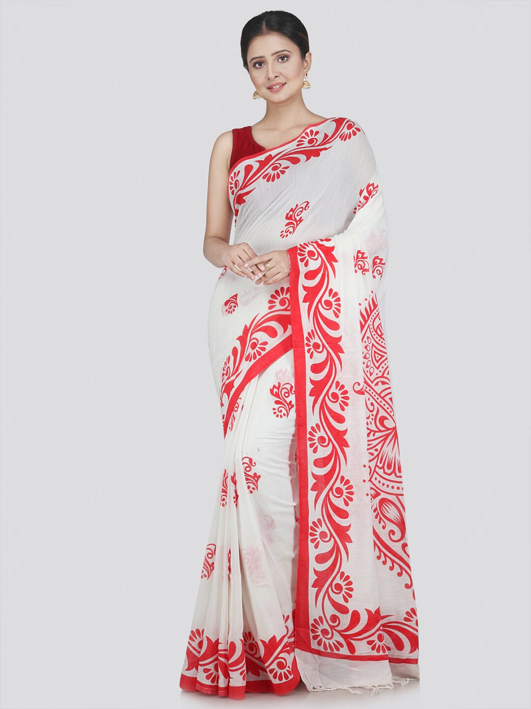 

PinkLoom Women White & Red Floral Pure Cotton Saree