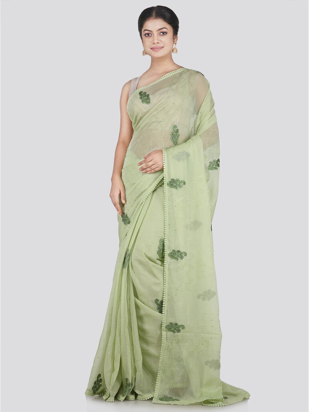 

PinkLoom Green Floral Beads and Stones Pure Chiffon Saree