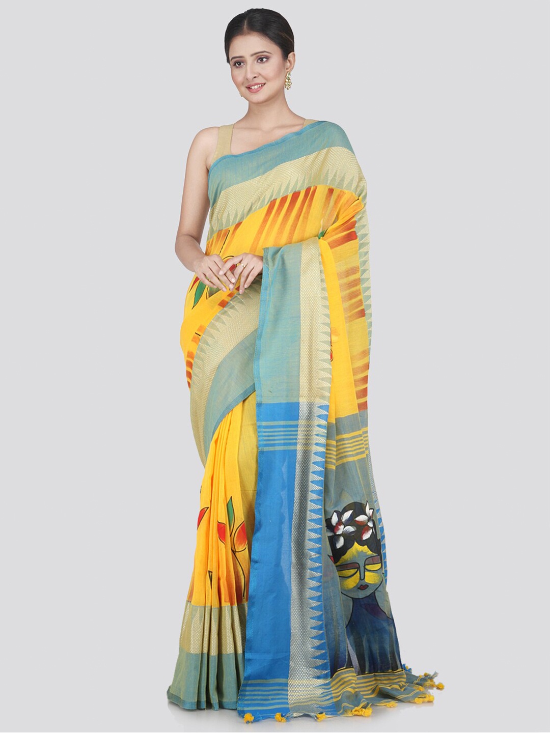 

PinkLoom Yellow & Blue Ethnic Motifs Pure Cotton Saree