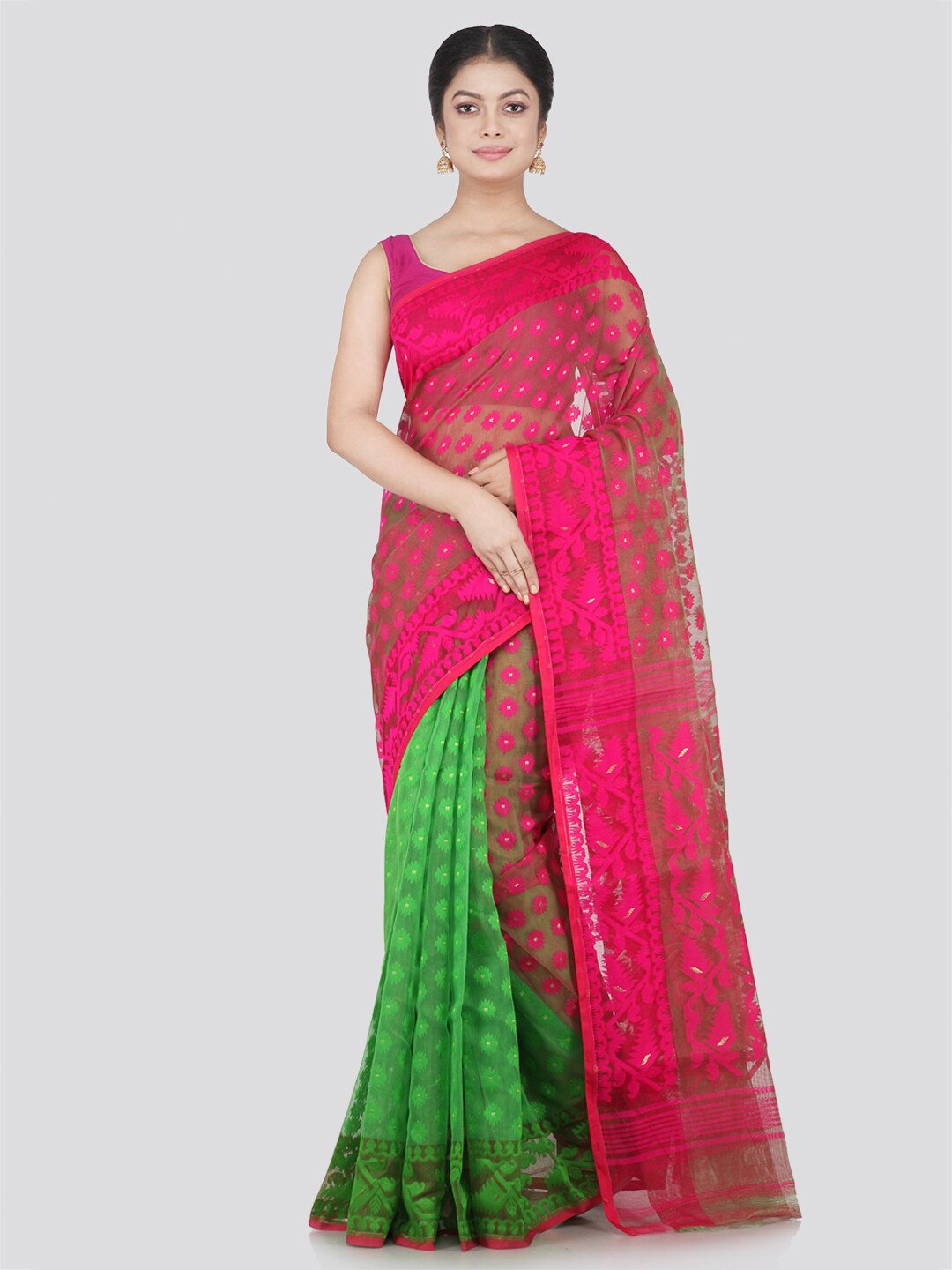 

PinkLoom Green & Red Woven Design Jamdani Saree
