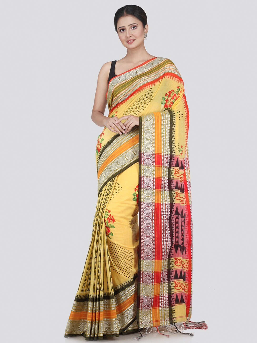 

PinkLoom Women Yellow & Red Floral Pure Cotton Saree