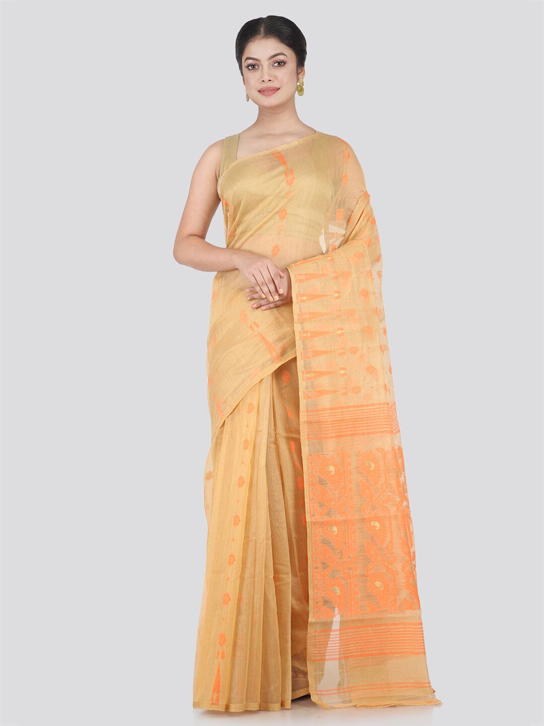 

PinkLoom Beige & Gold-Toned Woven Design Jamdani Saree