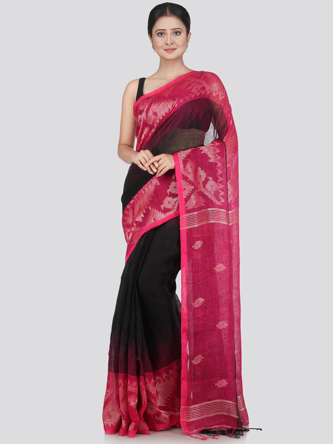 

PinkLoom Black & Pink Floral Pure Linen Saree