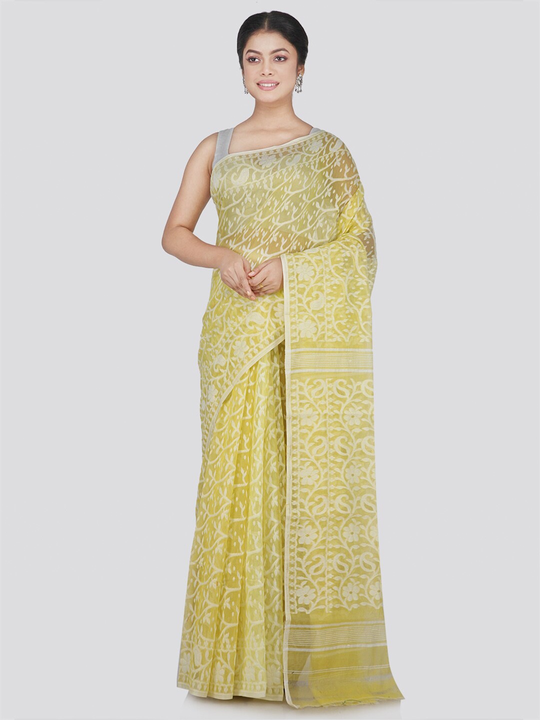 

PinkLoom Yellow & Silver-Toned Woven Design Pure Cotton Jamdani Saree