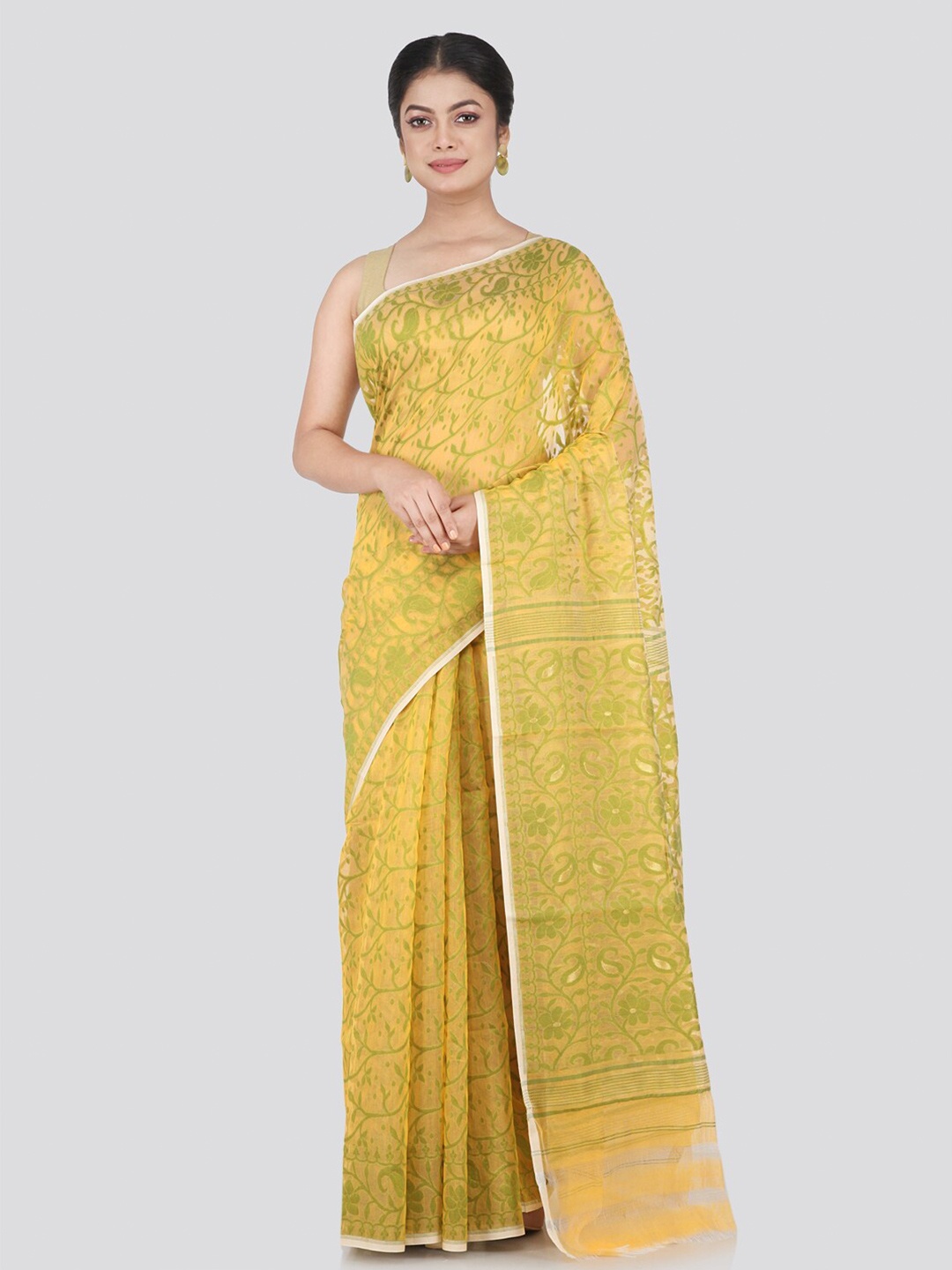 

PinkLoom Yellow & Green Floral Pure Cotton Jamdani Saree