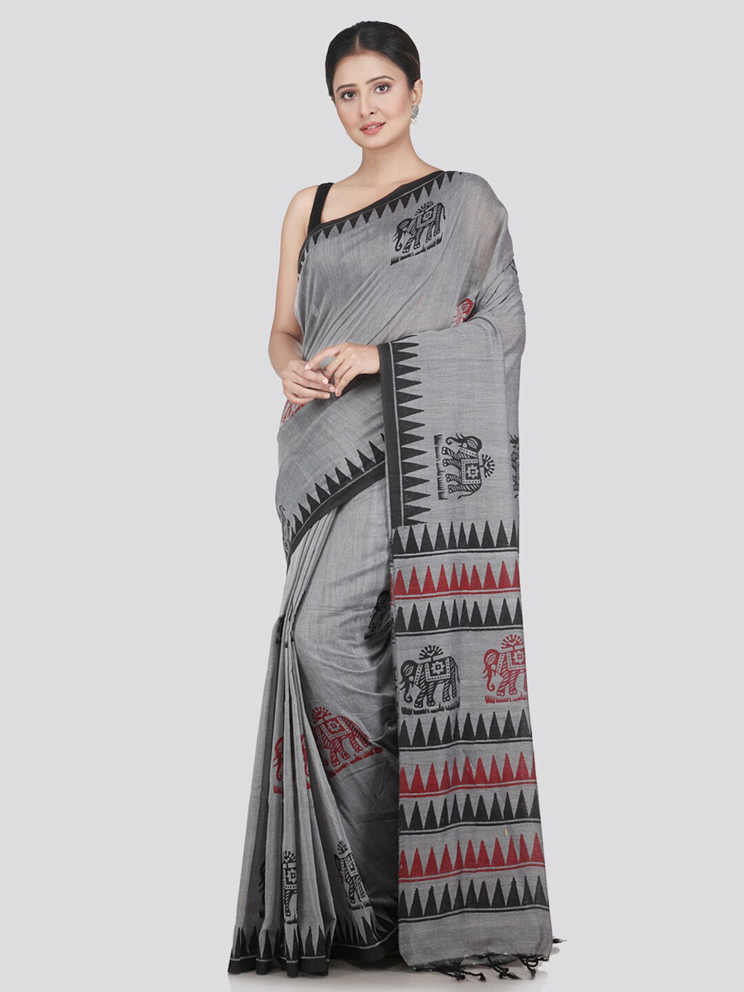 

PinkLoom Grey & Red Ethnic Motifs Pure Cotton Saree