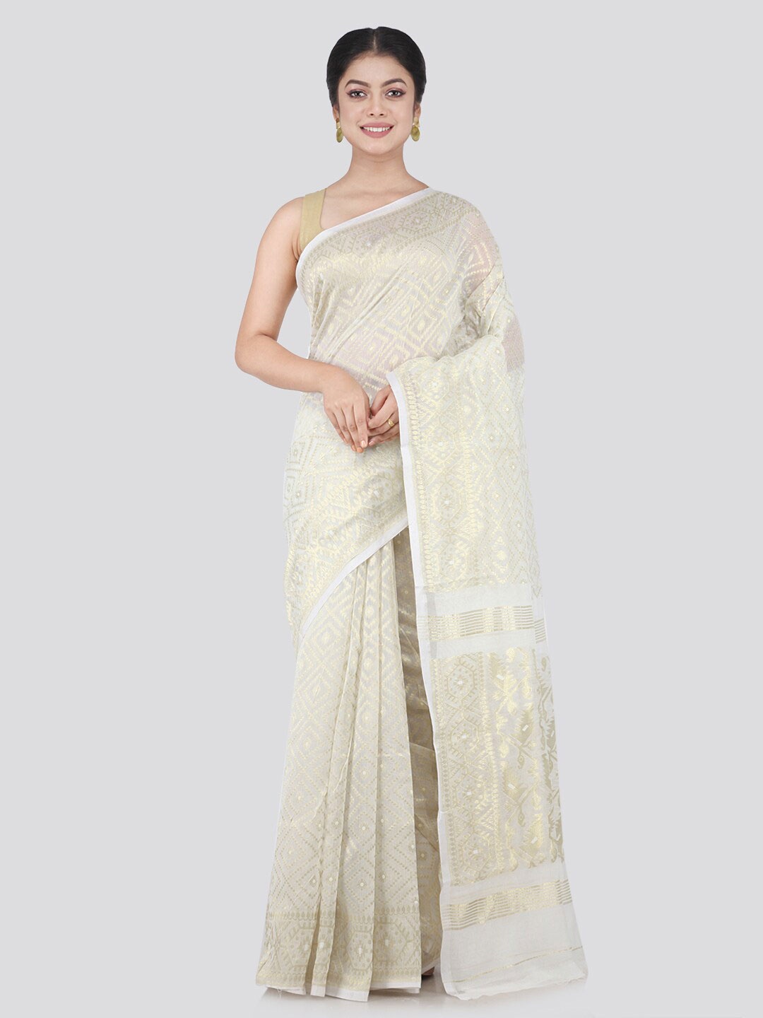 

PinkLoom Women White & Gold-Toned Woven Design Jamdani Saree