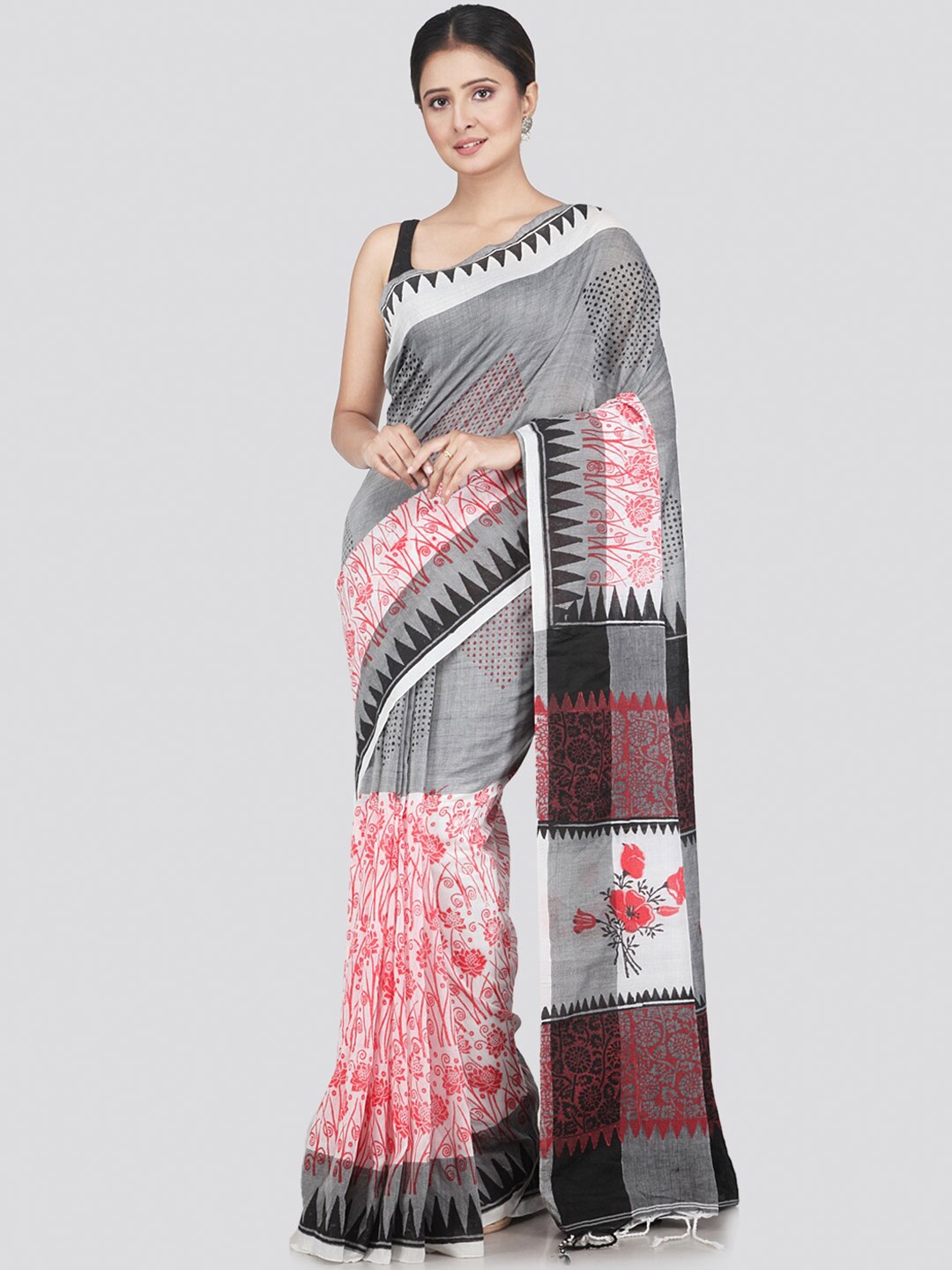 

PinkLoom Women Grey & Red Floral Pure Cotton Saree