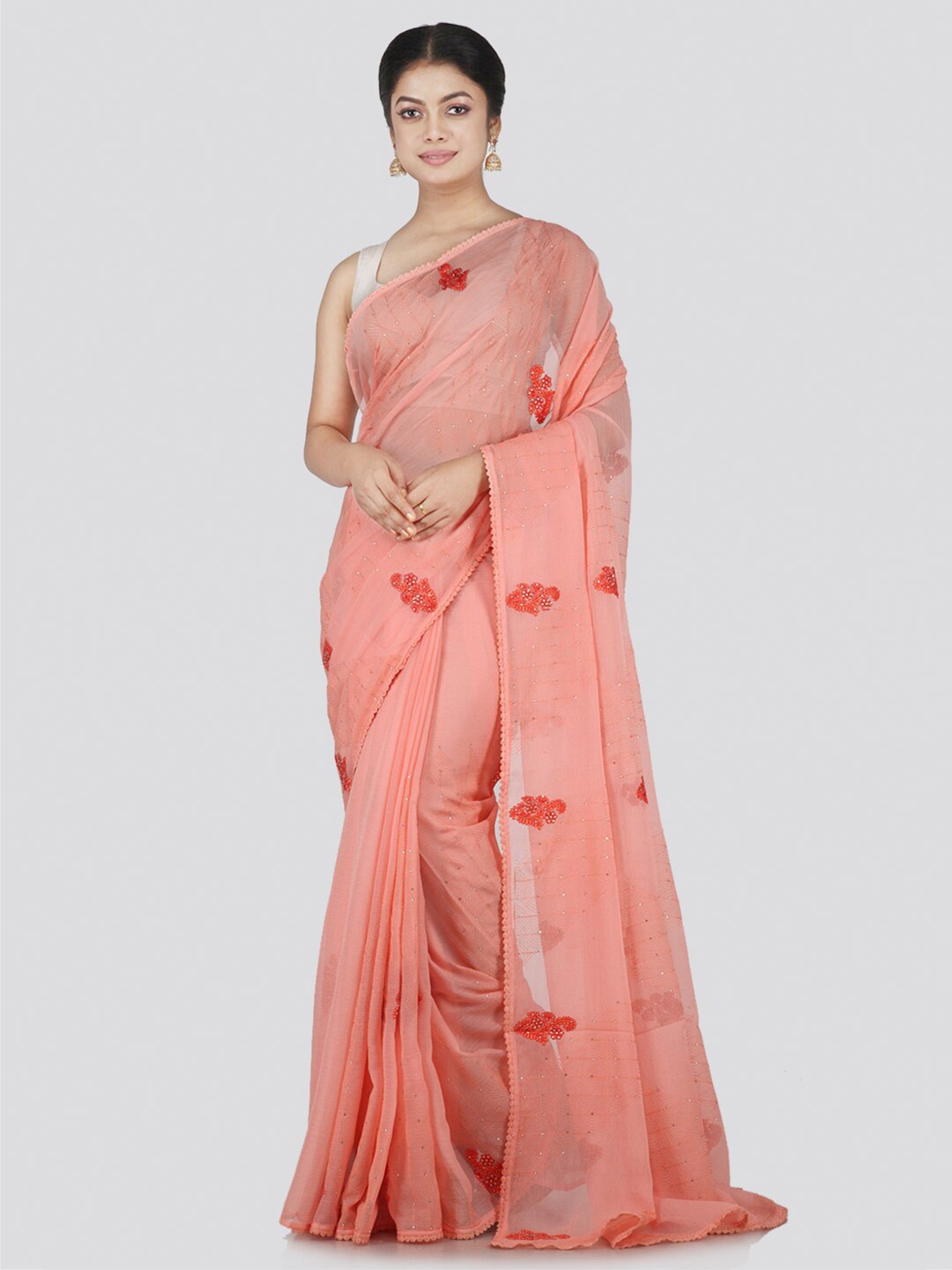 

PinkLoom Pink & Red Floral Beads and Stones Pure Chiffon Saree