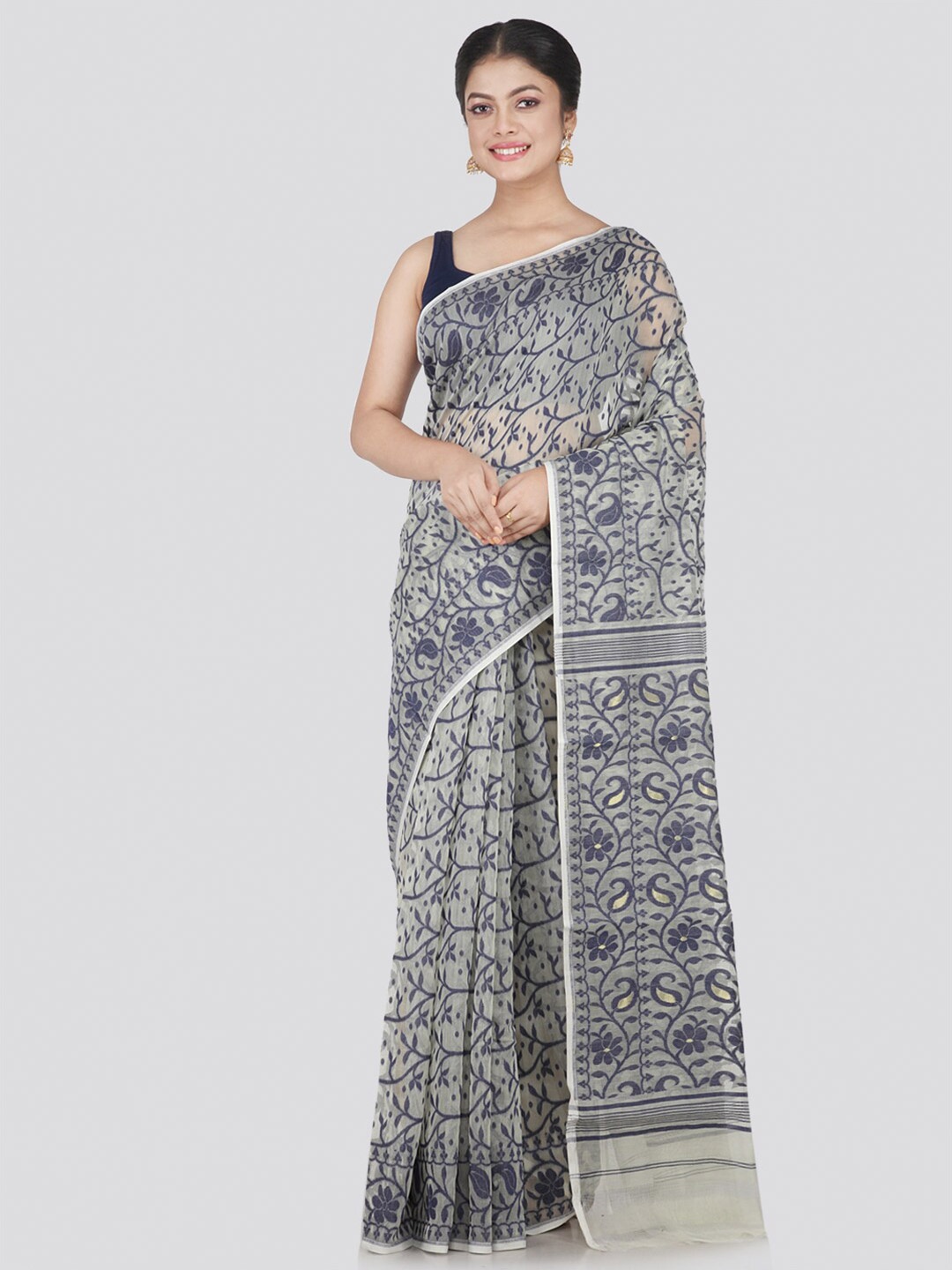 

PinkLoom White & Navy Blue Woven Design Pure Cotton Jamdani Saree