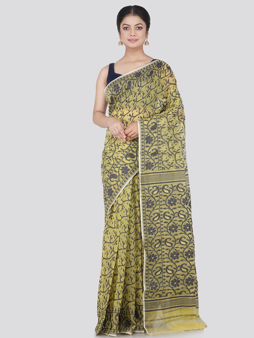 

PinkLoom Women Yellow & Blue Woven Design Pure Cotton Jamdani Saree