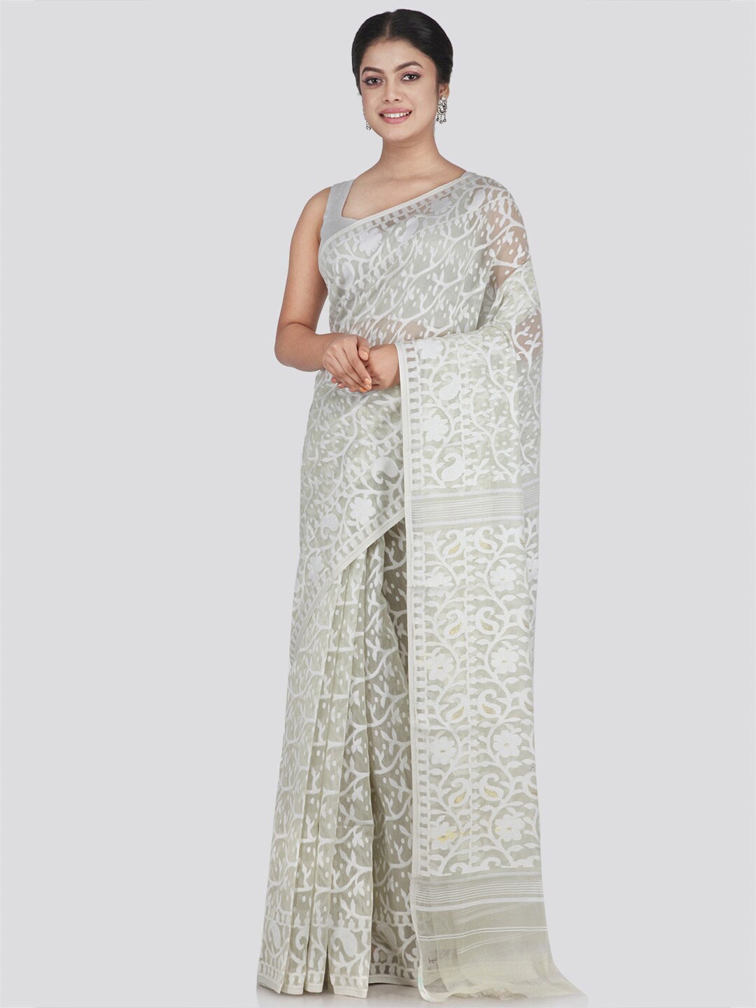 

PinkLoom White & Grey Woven Design Pure Cotton Jamdani Saree