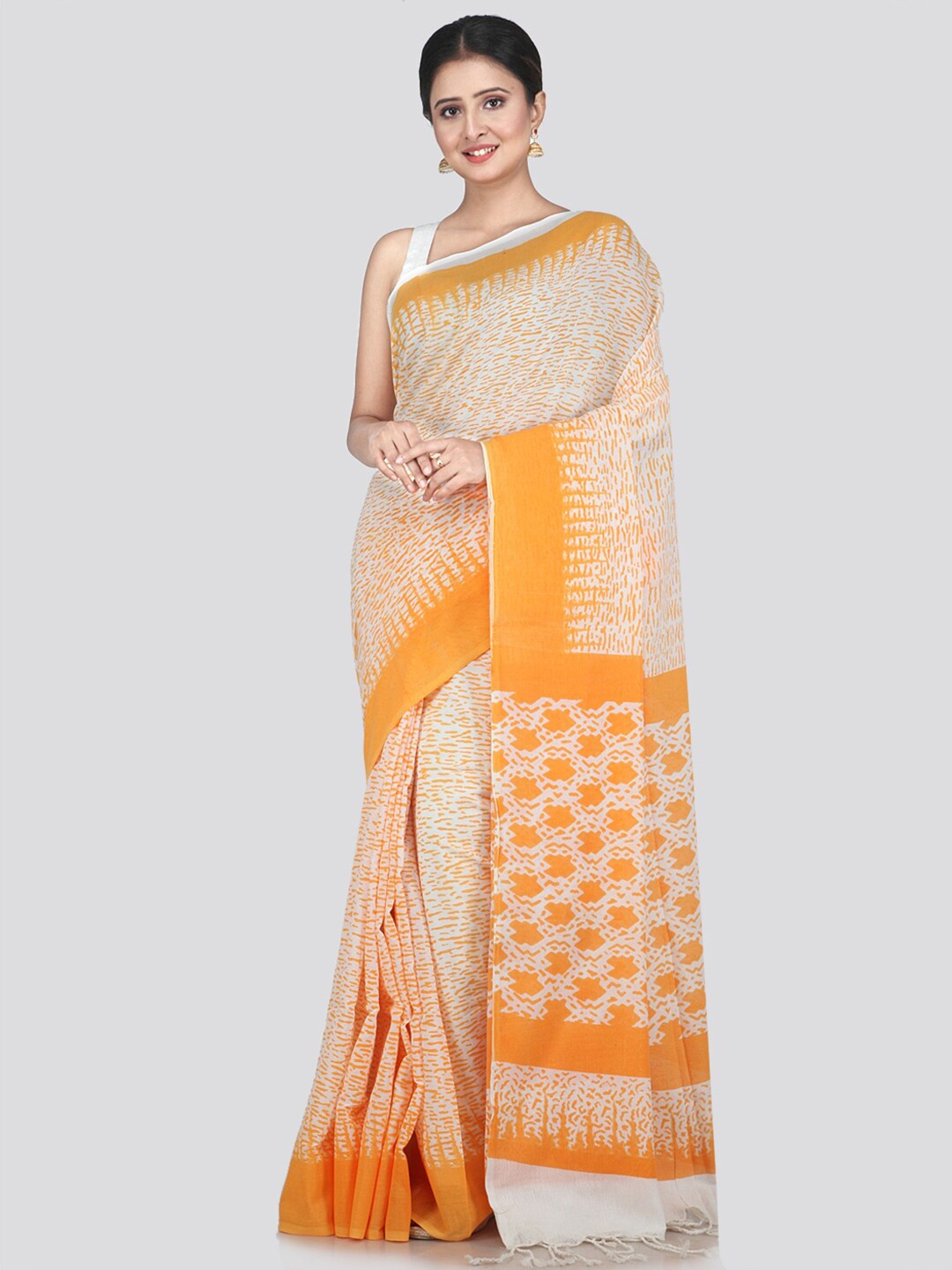 

PinkLoom White & Orange Pure Cotton Saree