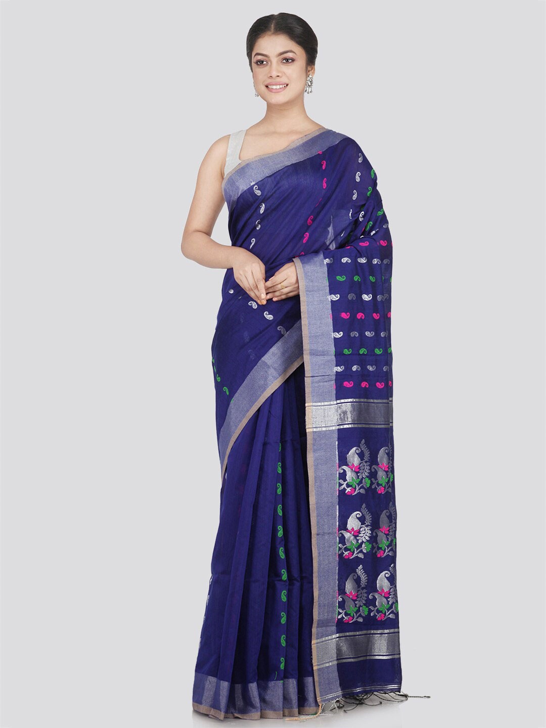 

PinkLoom Blue & Silver-Toned Woven Design Cotton Blend Saree