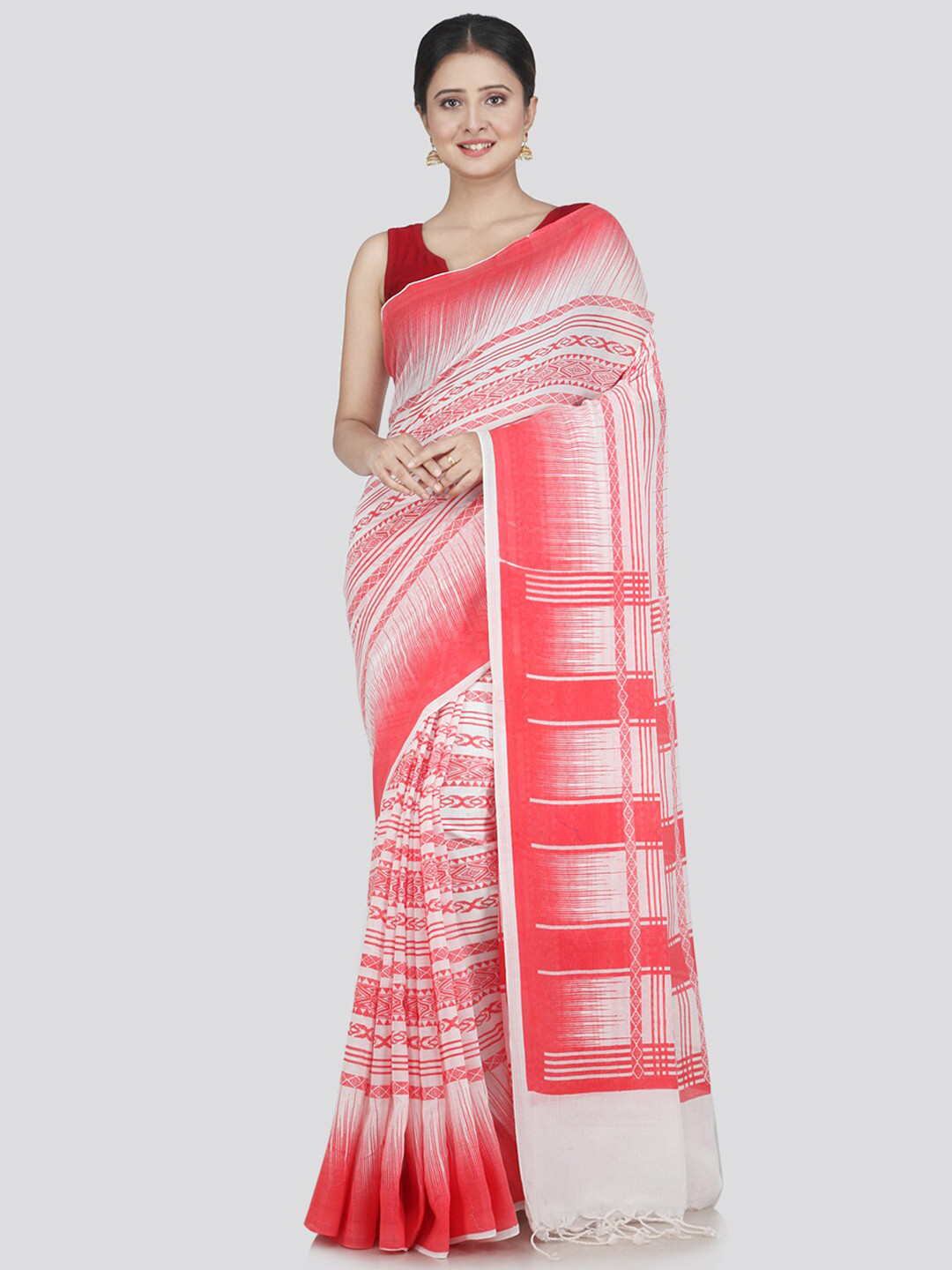 

PinkLoom Women White & Orange Pure Cotton Saree