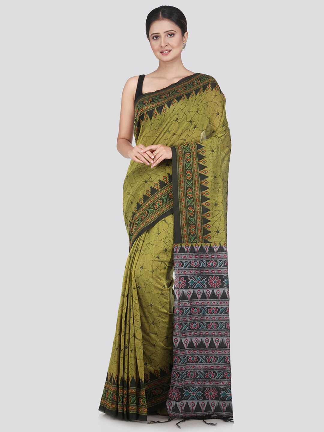 

PinkLoom Green & Black Floral Pure Cotton Saree