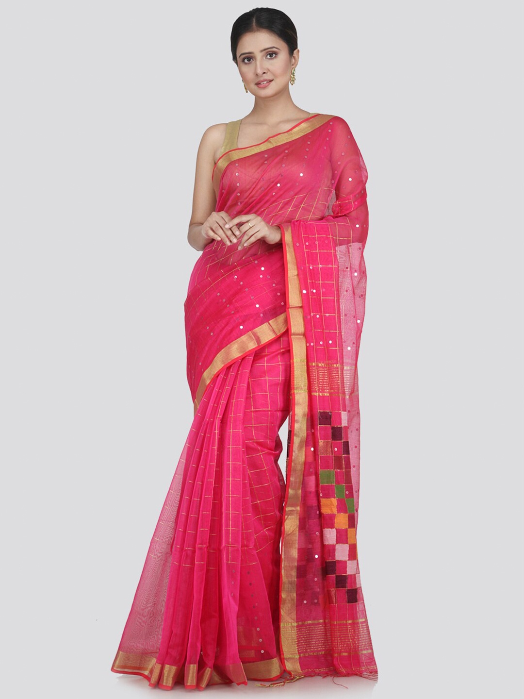 

PinkLoom Pink & Green Woven Design Organza Saree