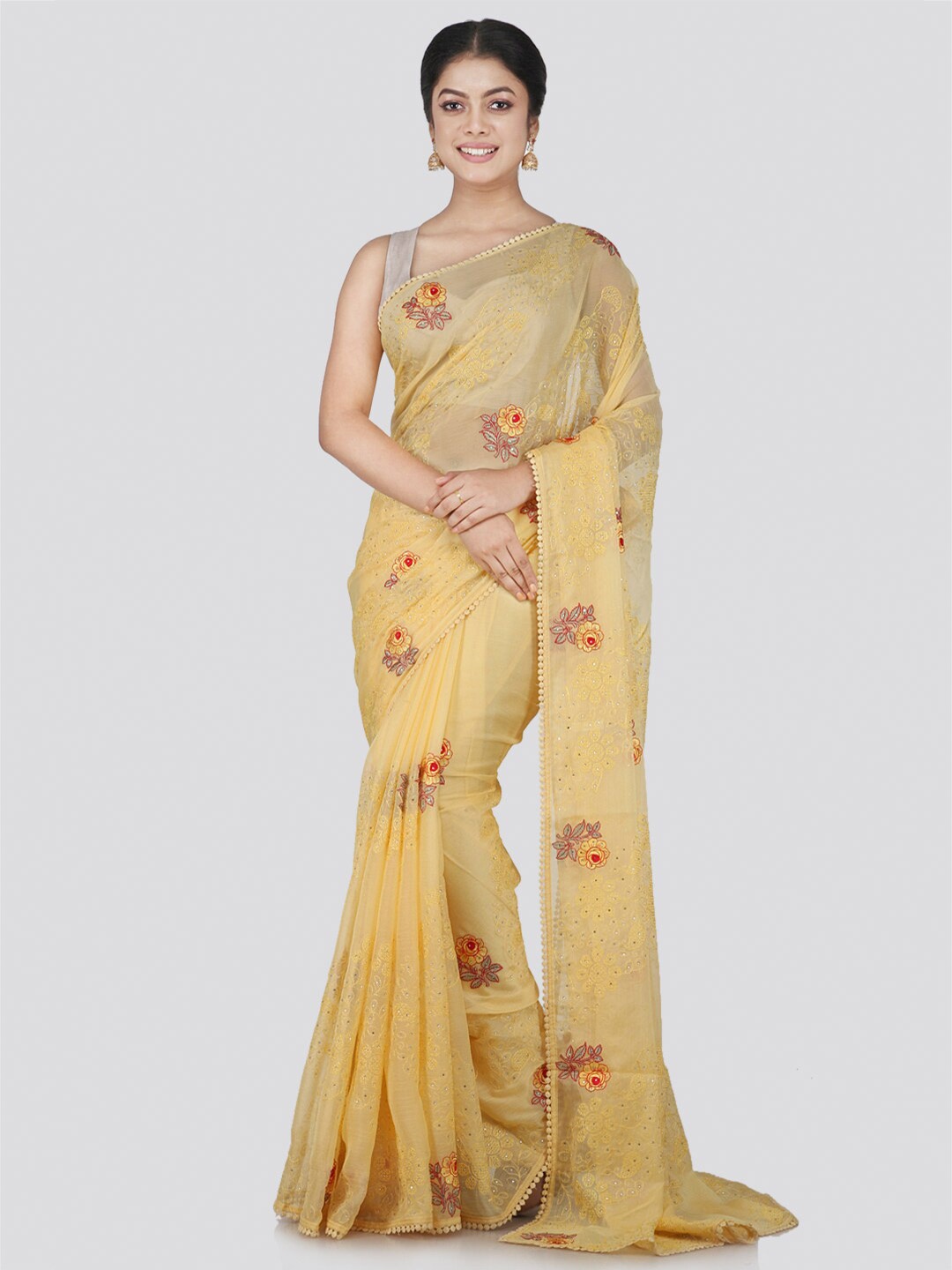 

PinkLoom Yellow & Red Floral Beads and Stones Pure Chiffon Saree