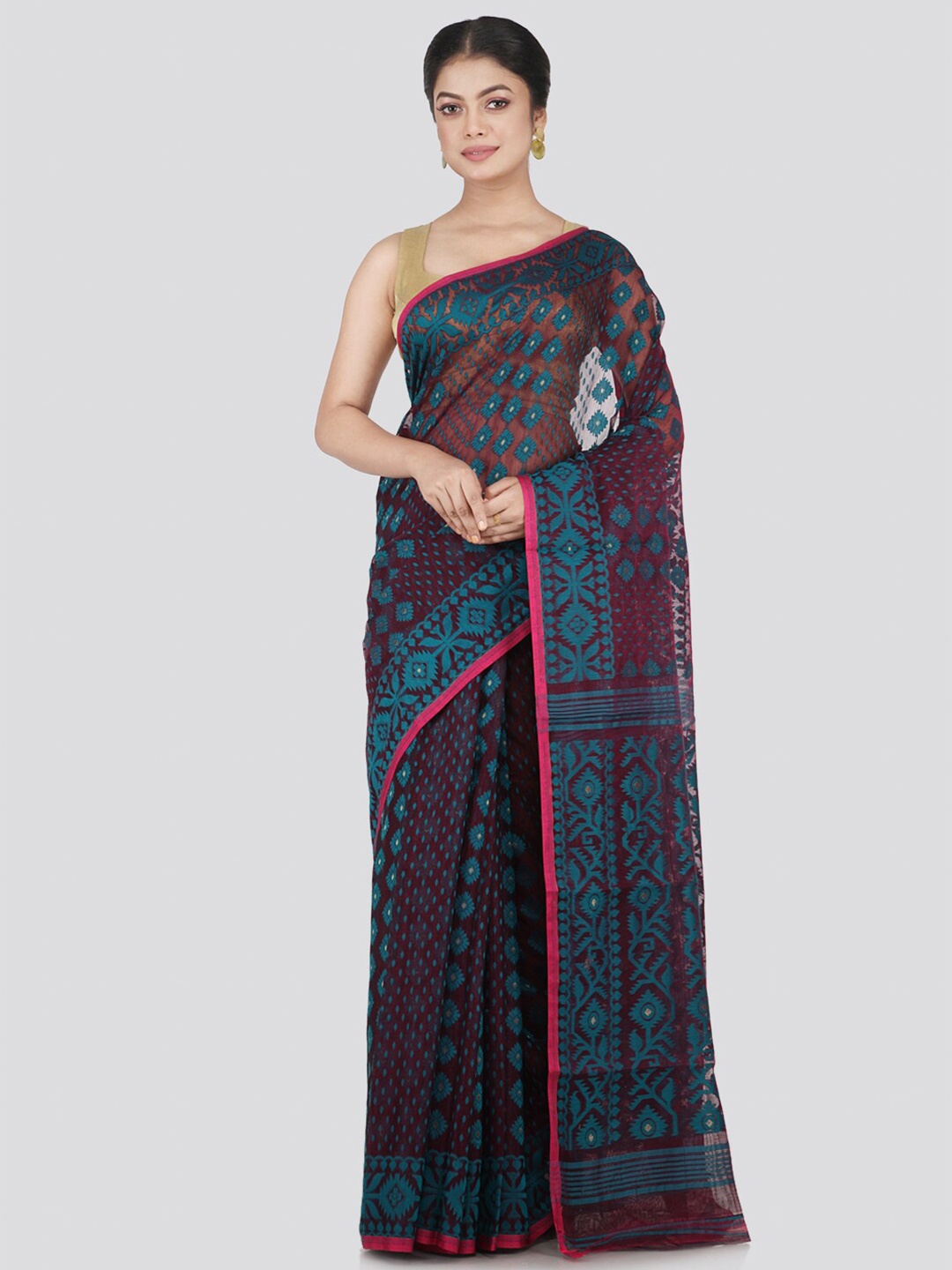 

PinkLoom Maroon & Blue Woven Design Jamdani Saree