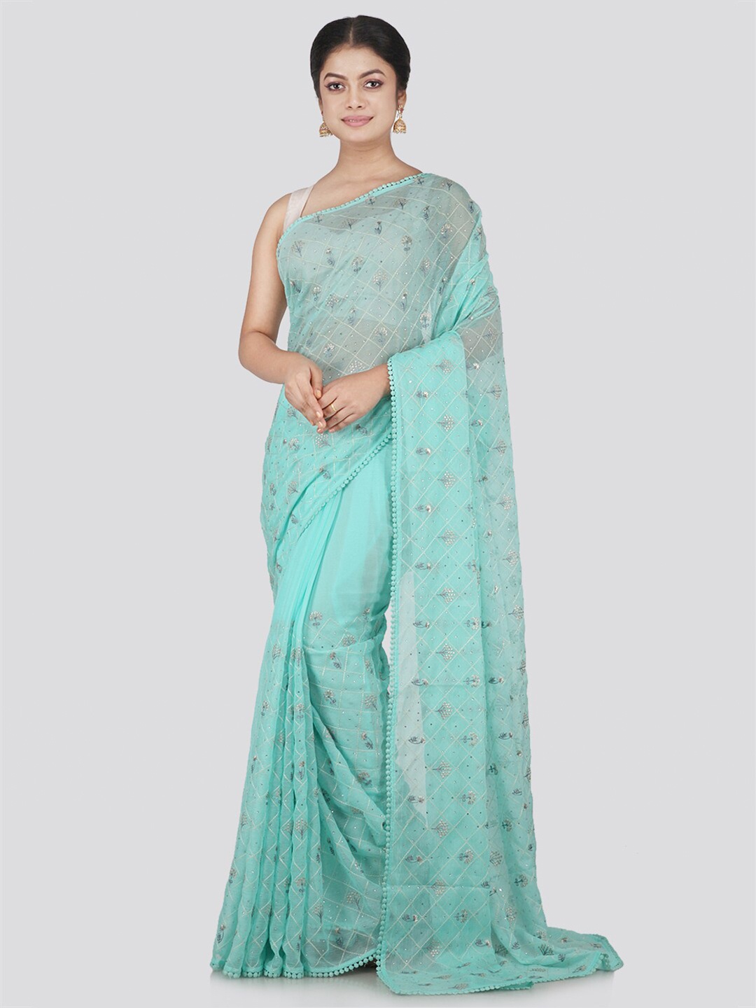 

PinkLoom Turquoise Blue & White Floral Beads and Stones Pure Chiffon Saree