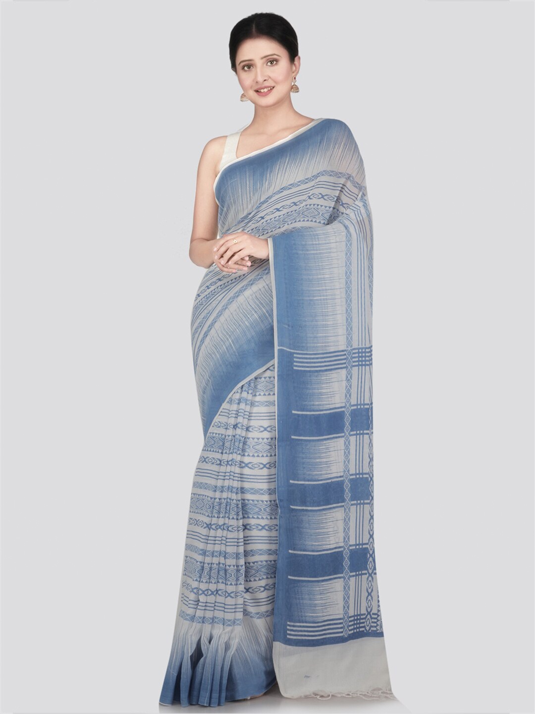 

PinkLoom White & Blue Pure Cotton Saree