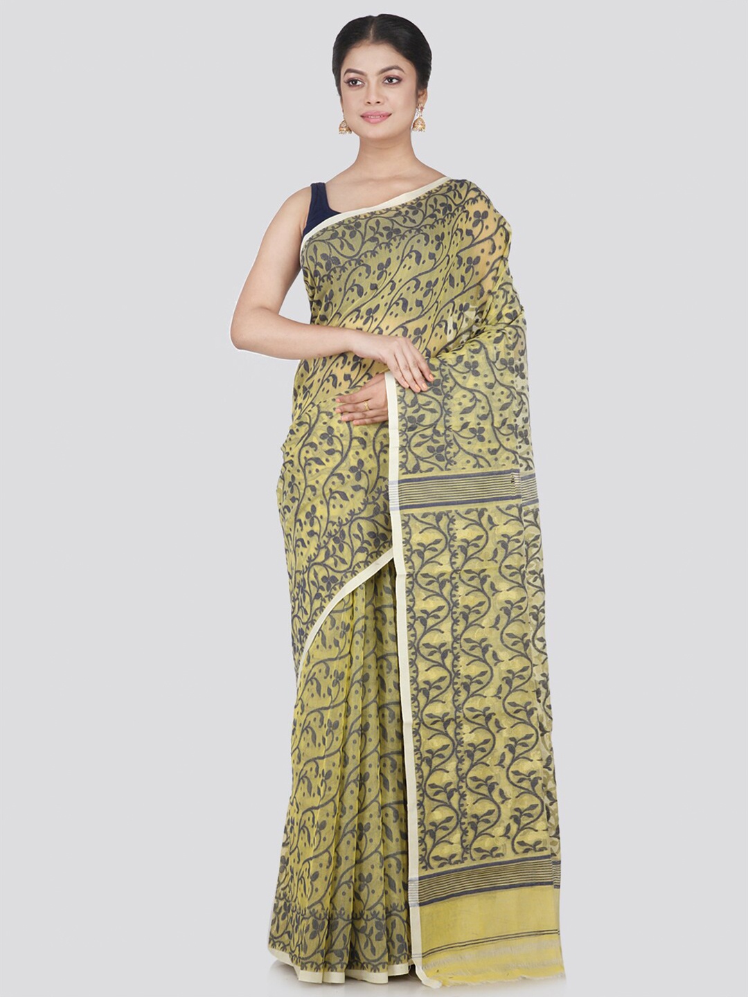 

PinkLoom Beige & Grey Floral Pure Cotton Jamdani Saree