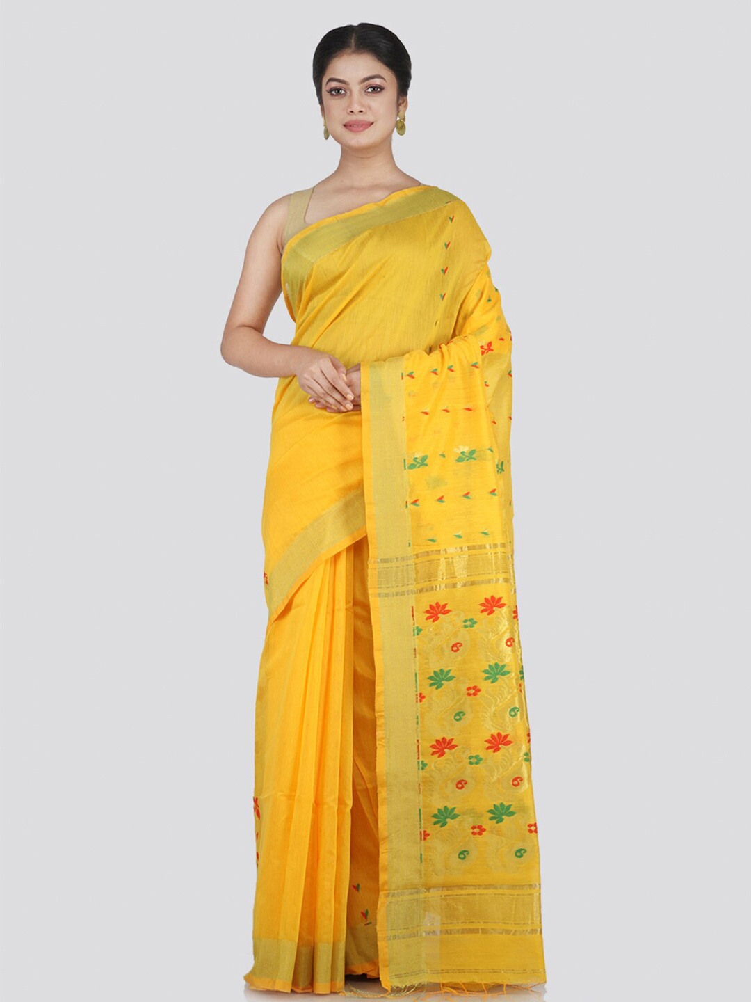 

PinkLoom Yellow & Green Woven Design Cotton Blend Saree