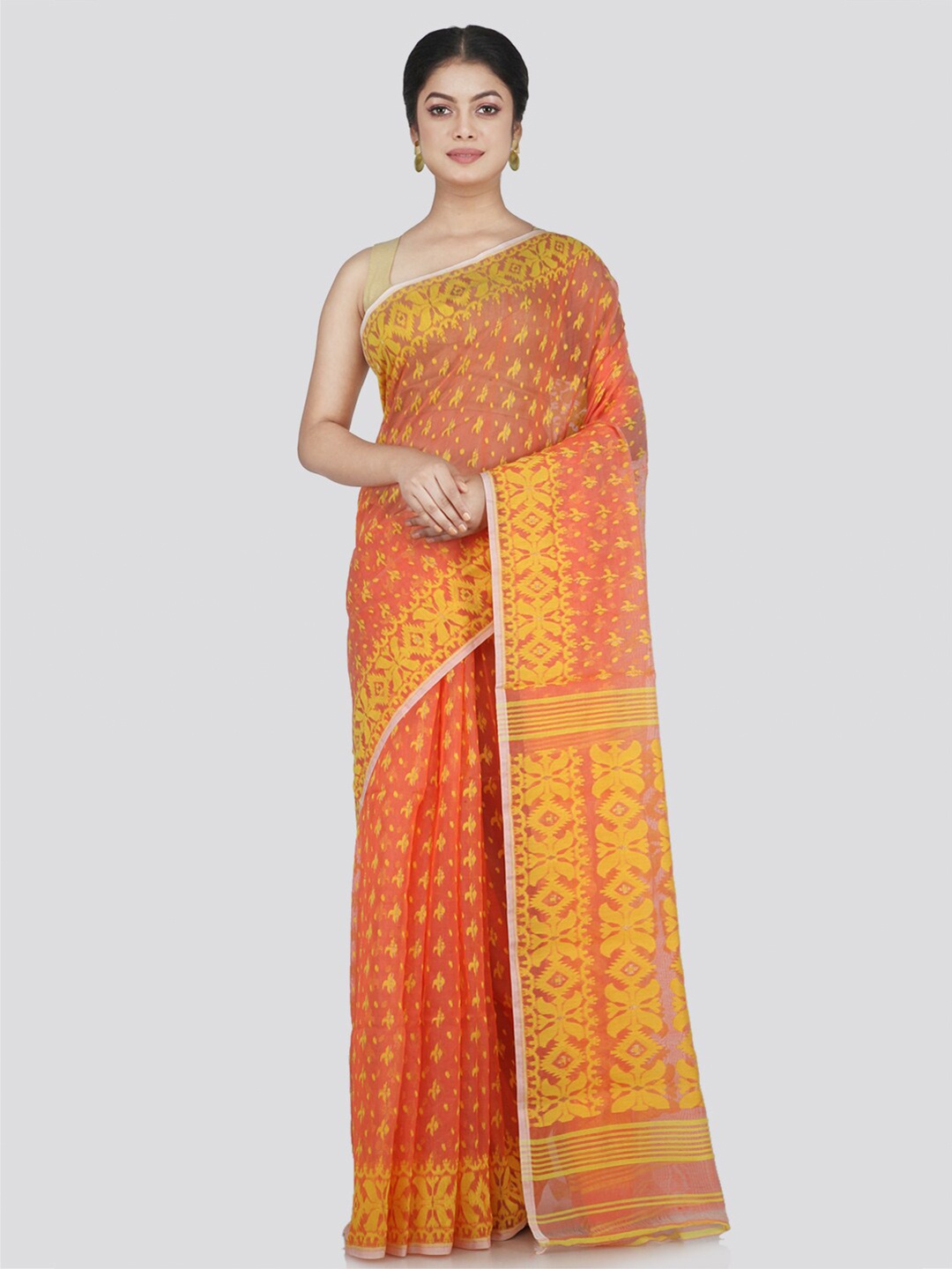 

PinkLoom Women Orange & Yellow Woven Design Saree