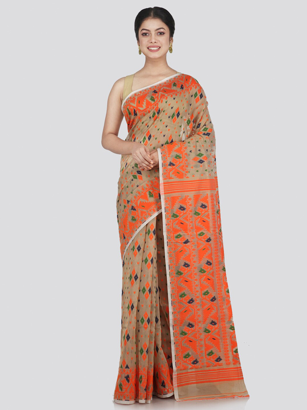 

PinkLoom Beige & Orange Woven Design Pure Cotton Jamdani Saree