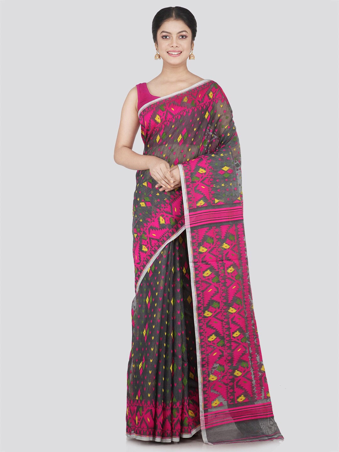 

PinkLoom Grey & Pink Woven Design Pure Cotton Jamdani Saree