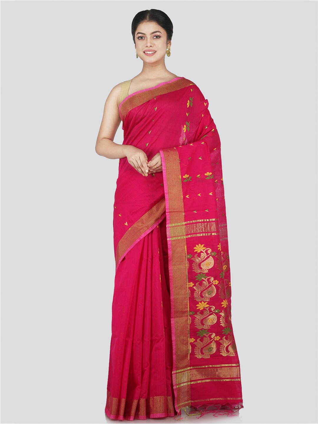 

PinkLoom Pink & Yellow Woven Design Saree