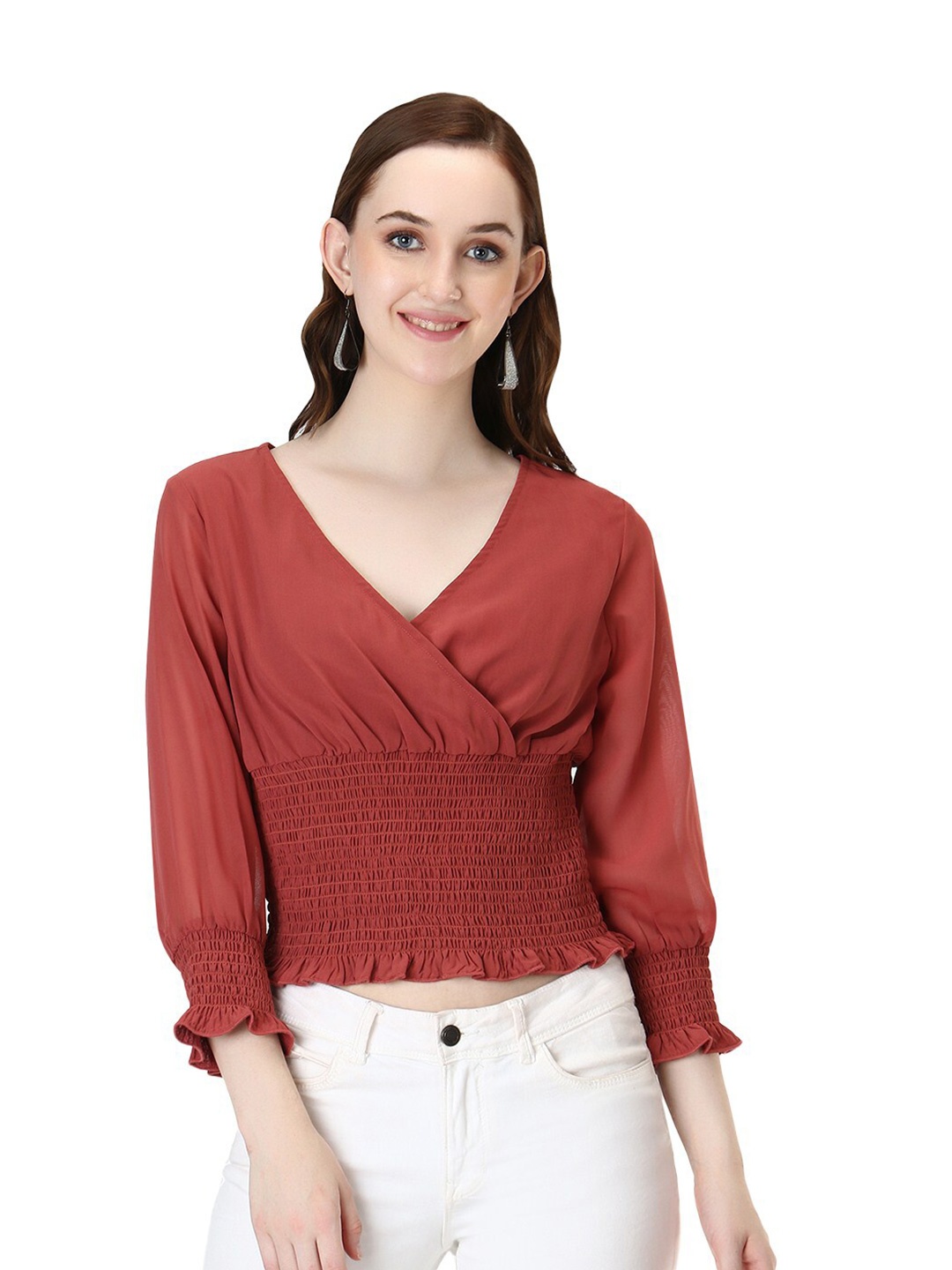 

D 'VESH Pink Smocked Georgette Wrap Top