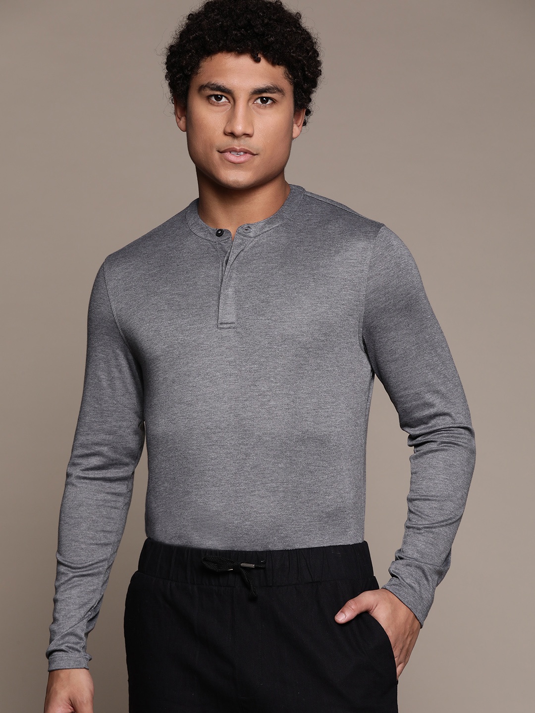 

Macy's Alfani Men Charcoal Grey Solid Henley Neck T-shirt