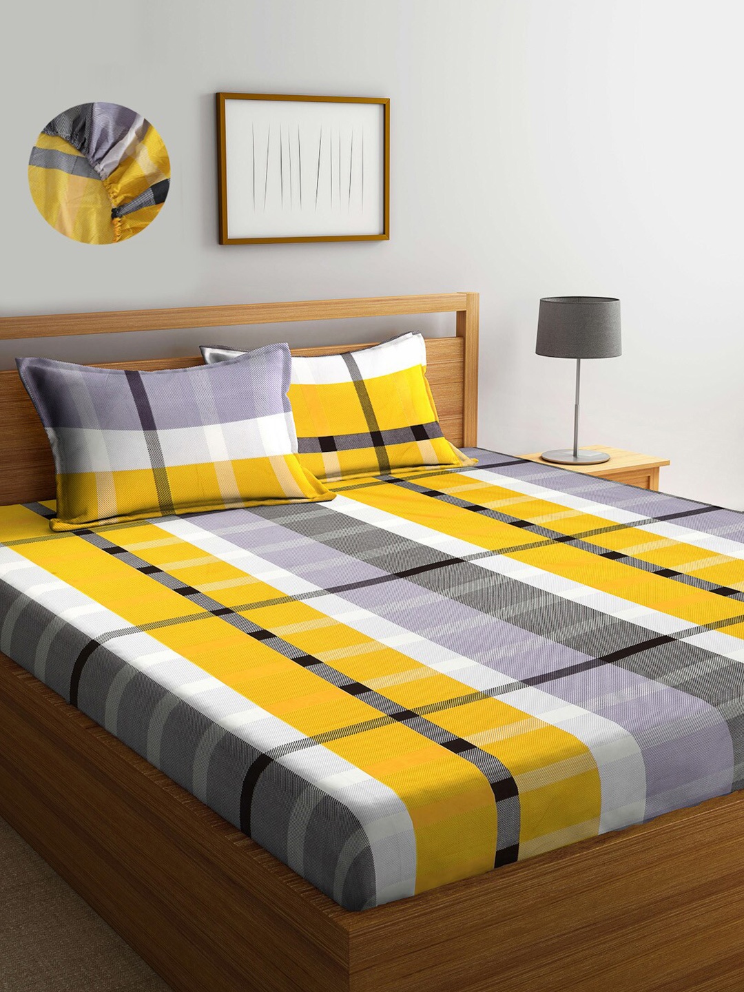 

KLOTTHE Yellow & White Geometric 300 TC Fitted Double Bedsheet with 2 Pillow Covers