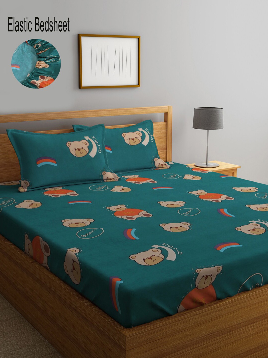 

KLOTTHE Green & Beige Cartoon Character 300 TC Fitted Double Bedsheet with 2 Pillow Covers