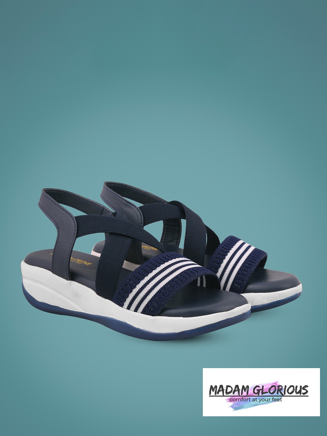 

madam glorious Women Navy Blue & White Striped Criss-Cross Comfortable Heels
