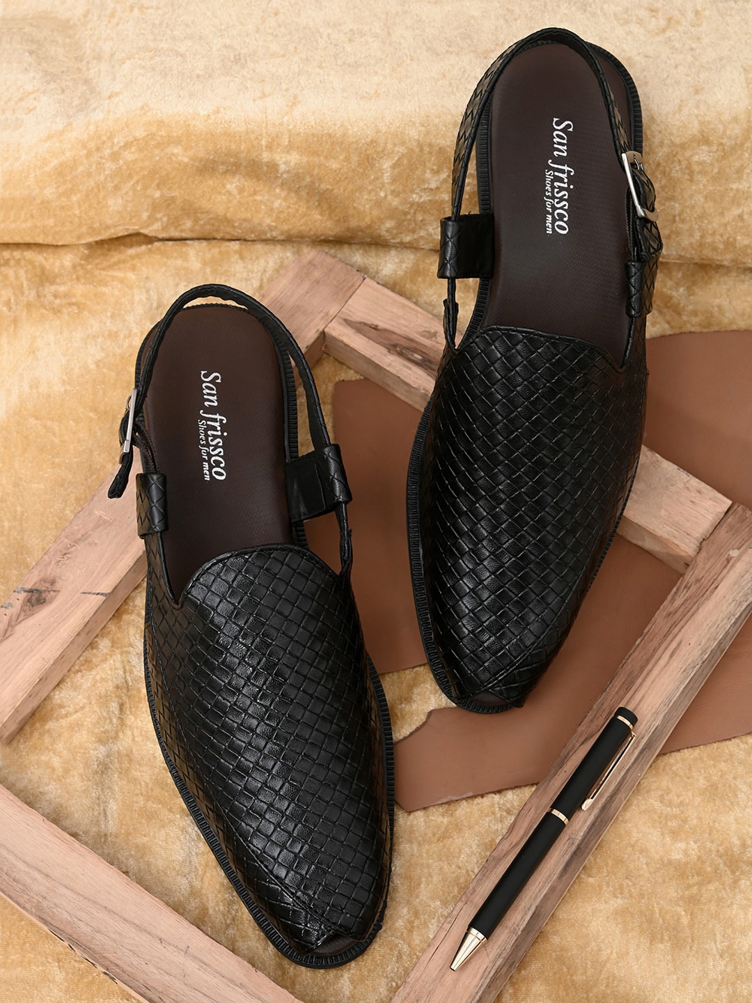 

San Frissco Men Black Textured Shoe-Style Sandals